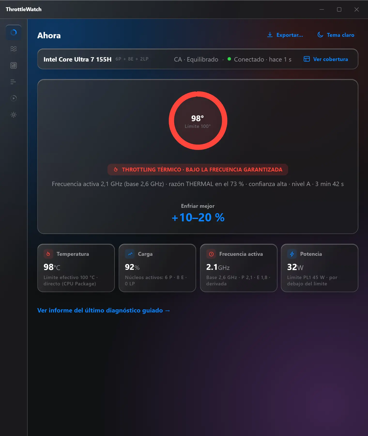 ThrottleWatch en una ventana estrecha, con barra de navegación inferior.