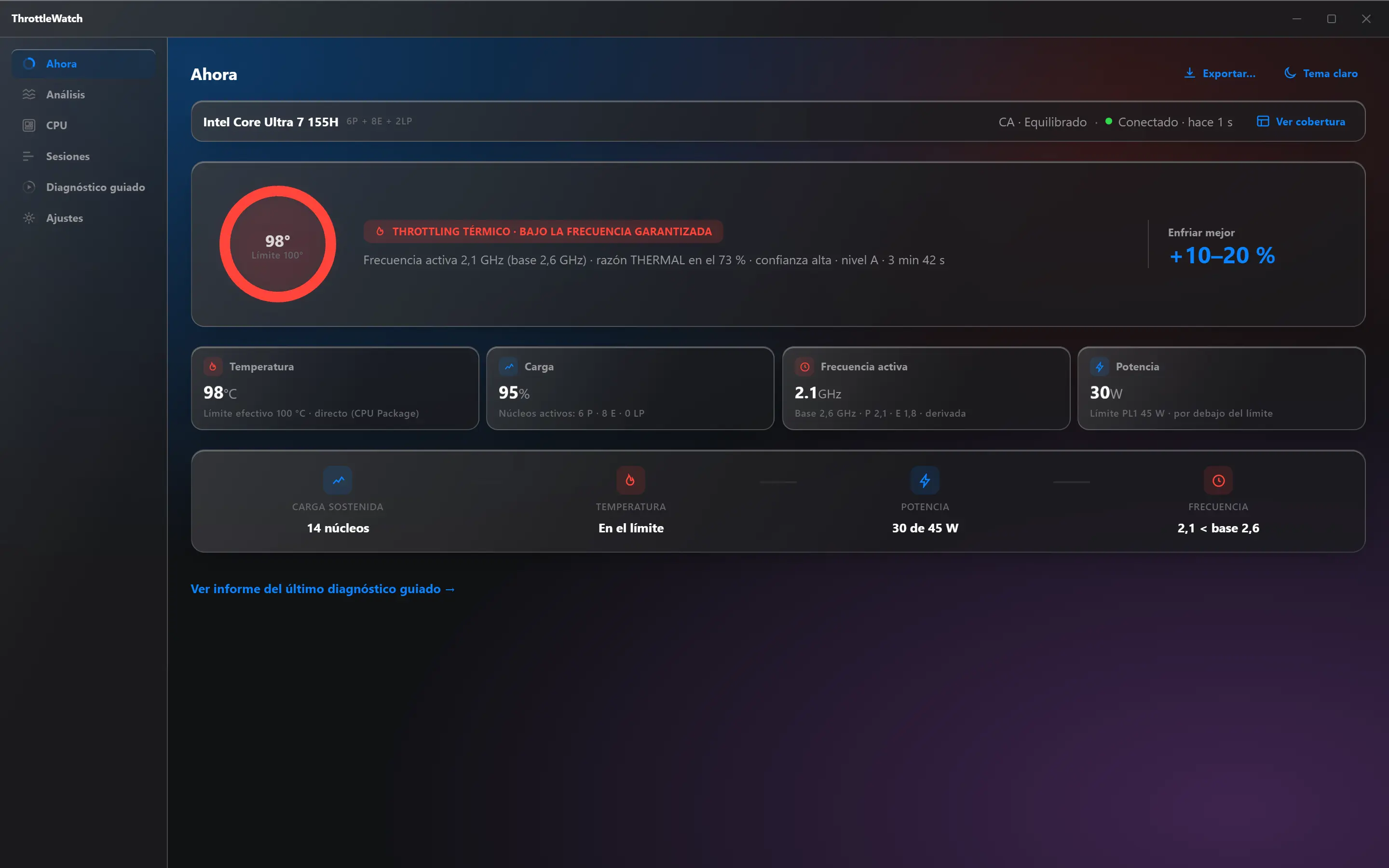 ThrottleWatch, pantalla Ahora con el anillo térmico en rojo y el veredicto de throttling térmico.