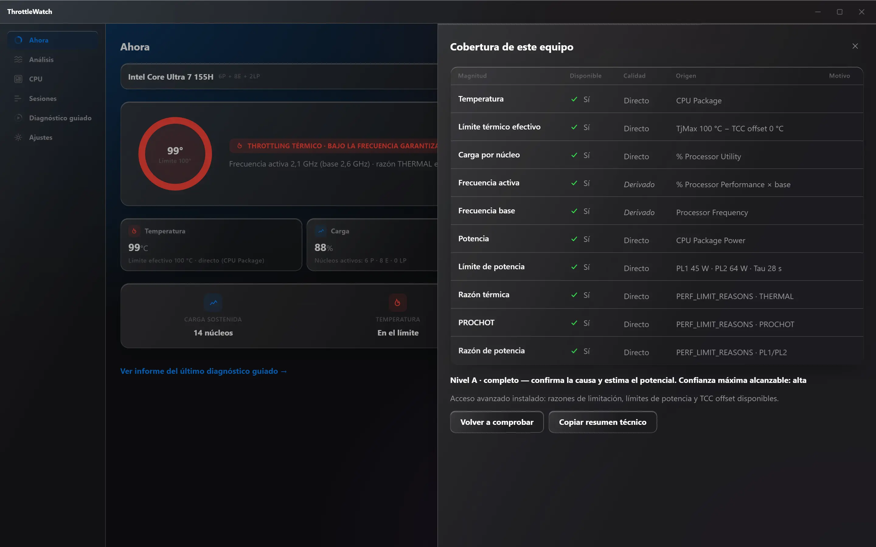 ThrottleWatch, panel Cobertura de este equipo: tabla de magnitudes, disponibilidad, calidad y origen, nivel A completo.