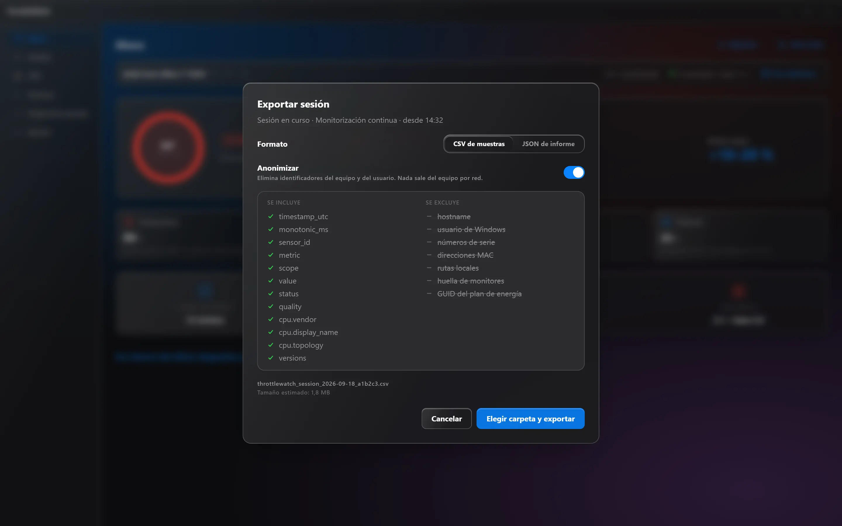 ThrottleWatch, diálogo Exportar sesión con anonimización activada y la lista de campos incluidos y excluidos.