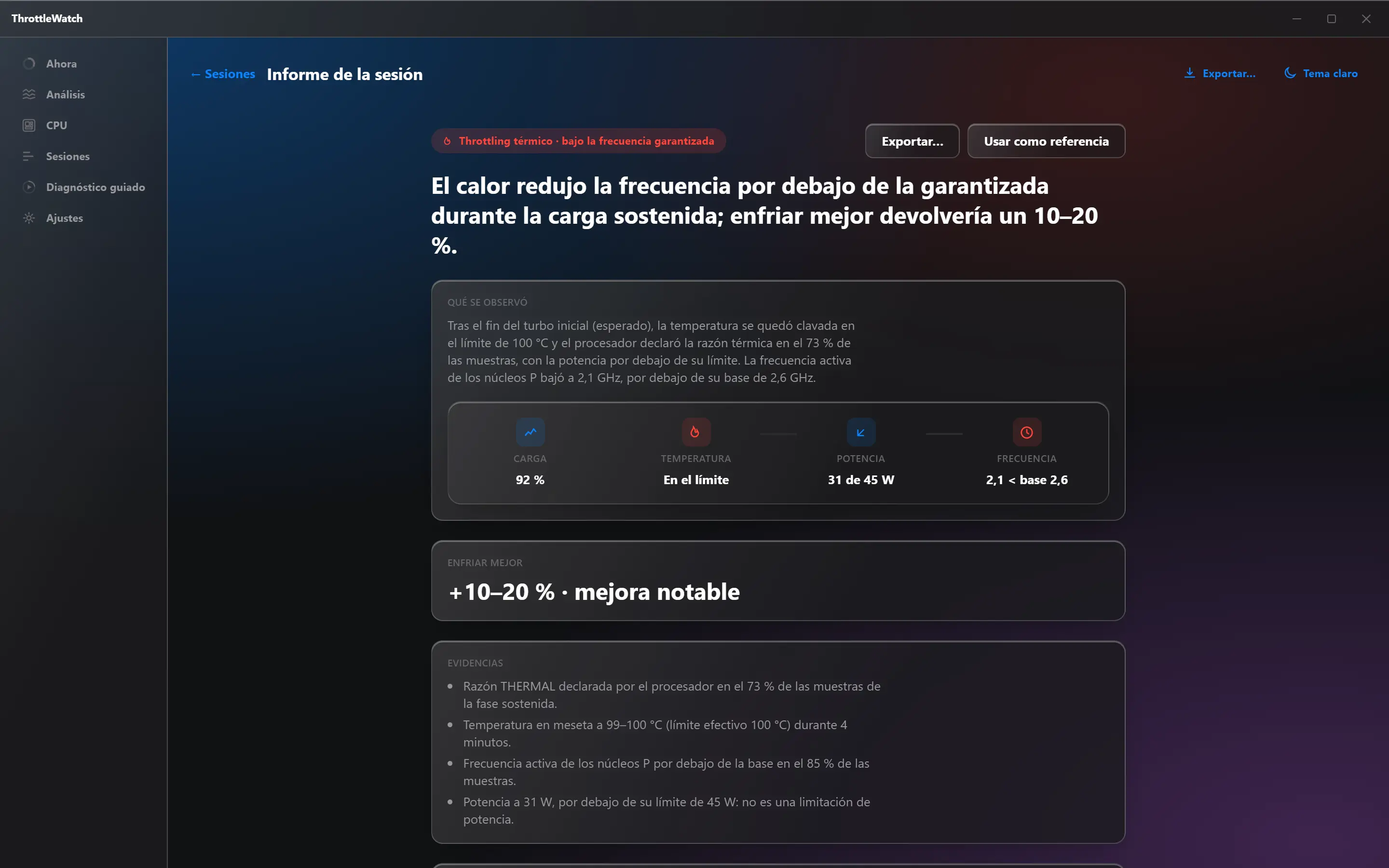 ThrottleWatch, informe de sesión: El calor redujo la frecuencia por debajo de la garantizada; enfriar mejor devolvería un 10 a 20 por ciento.