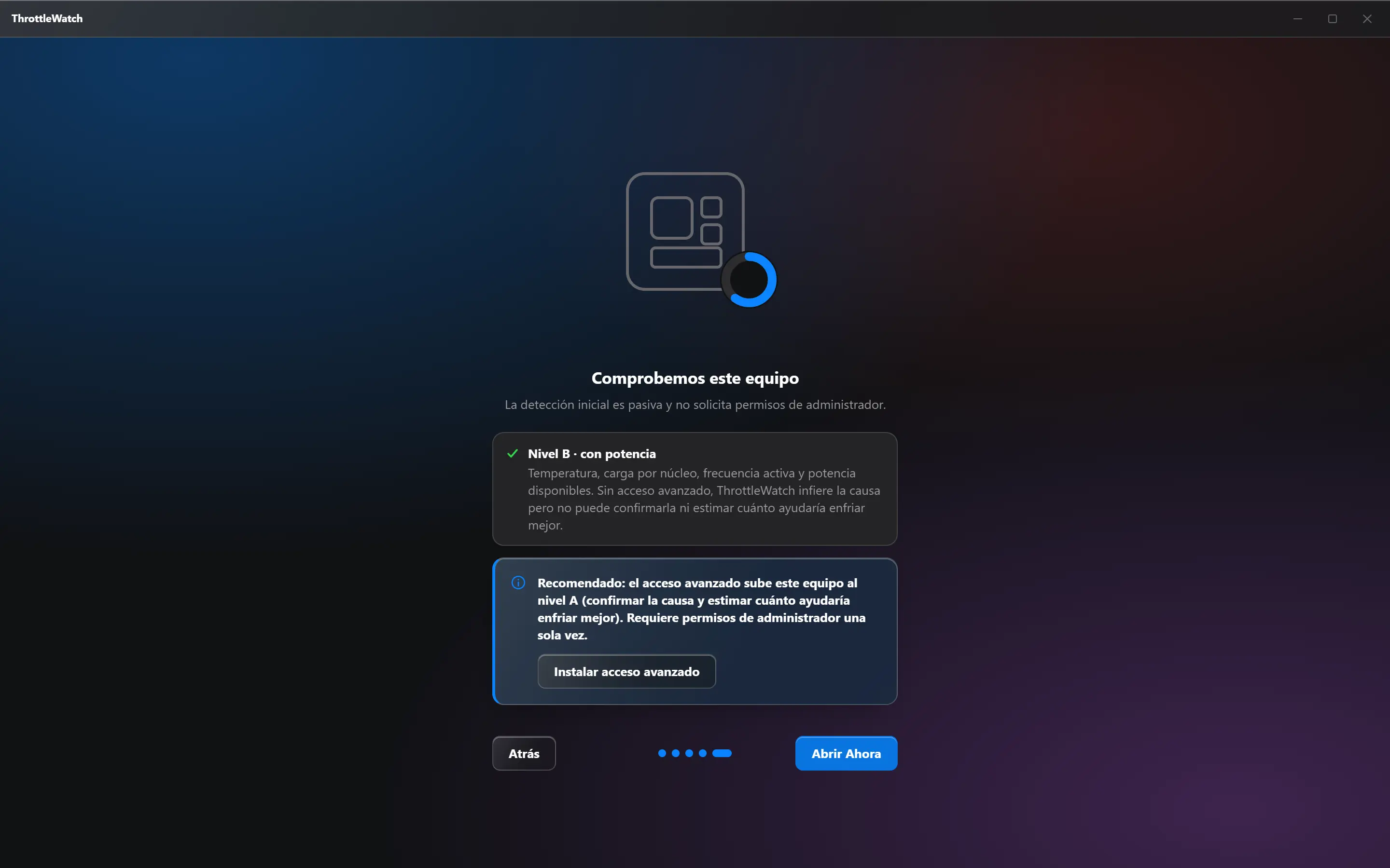 ThrottleWatch detectando el equipo: nivel B con potencia disponible, y la opción de instalar acceso avanzado.