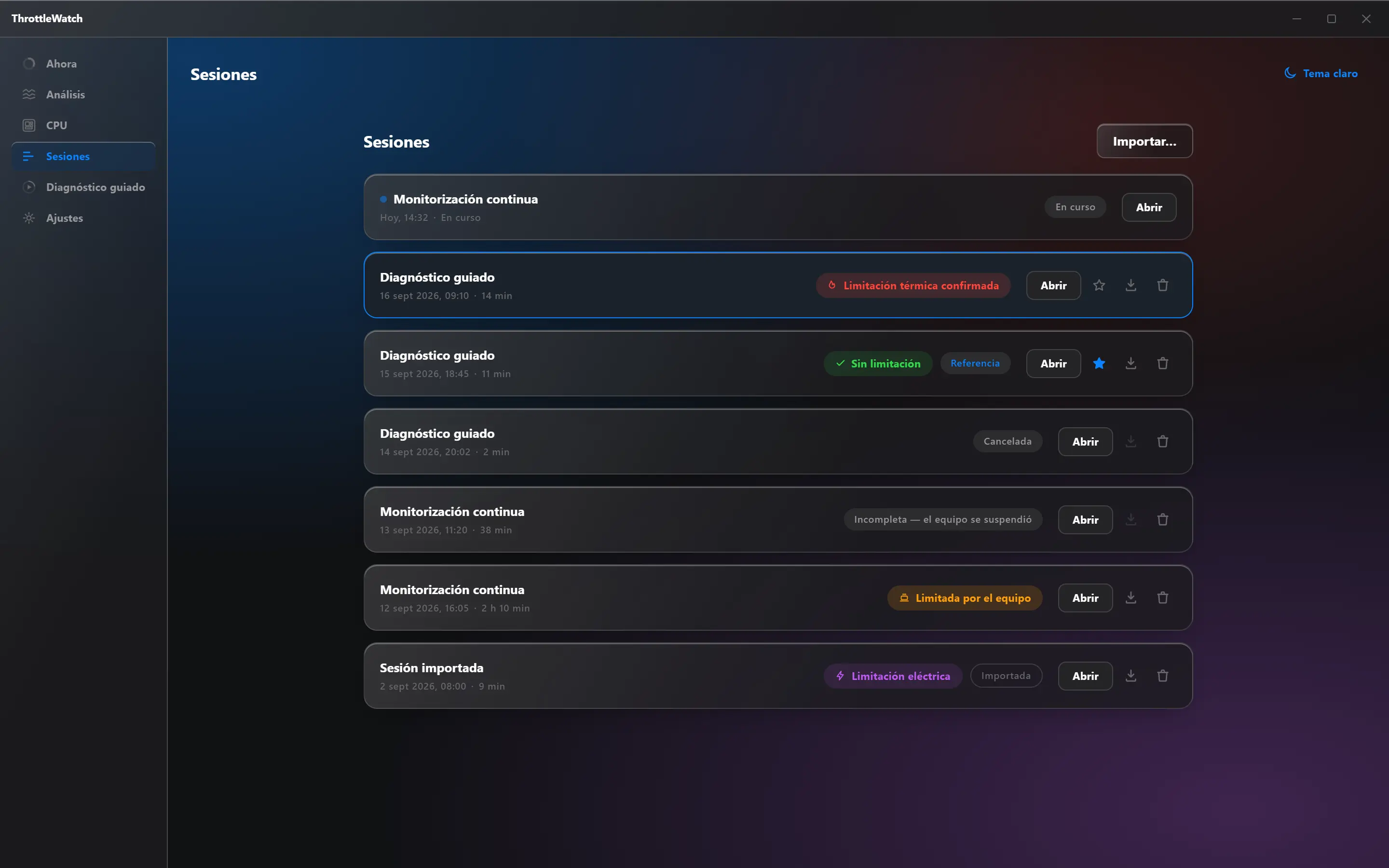 ThrottleWatch, lista de sesiones con veredictos en chip: limitación térmica confirmada, sin limitación, cancelada, incompleta, limitada por el equipo, limitación eléctrica.